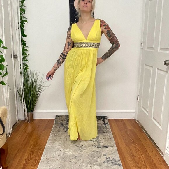 Marchesa Notte Sleeveless Fit & Flare Maxi Dress Beaded Waist Size 4 Yellow - Picture 2 of 13